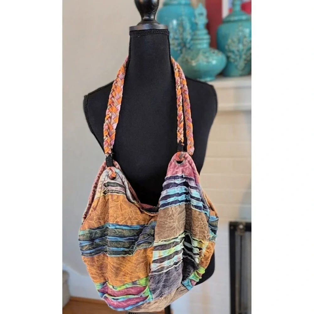 BOHO Purse with Braided Shoulder Straps Super Cute Cotton Blend Hobo Design